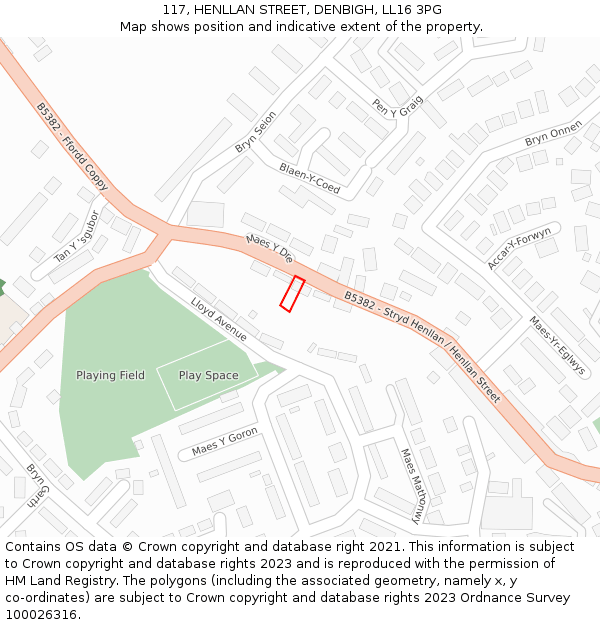 117, HENLLAN STREET, DENBIGH, LL16 3PG: Location map and indicative extent of plot