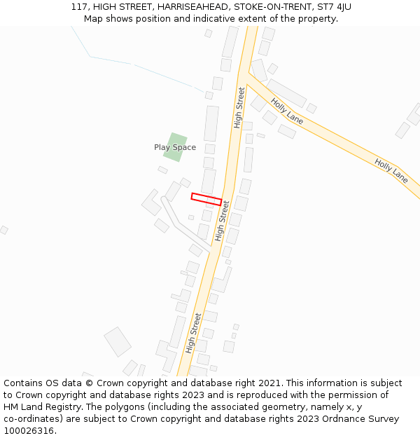 117, HIGH STREET, HARRISEAHEAD, STOKE-ON-TRENT, ST7 4JU: Location map and indicative extent of plot