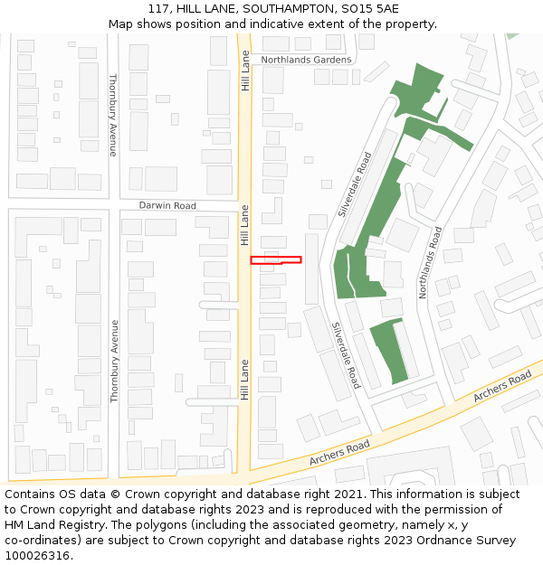 117, HILL LANE, SOUTHAMPTON, SO15 5AE: Location map and indicative extent of plot