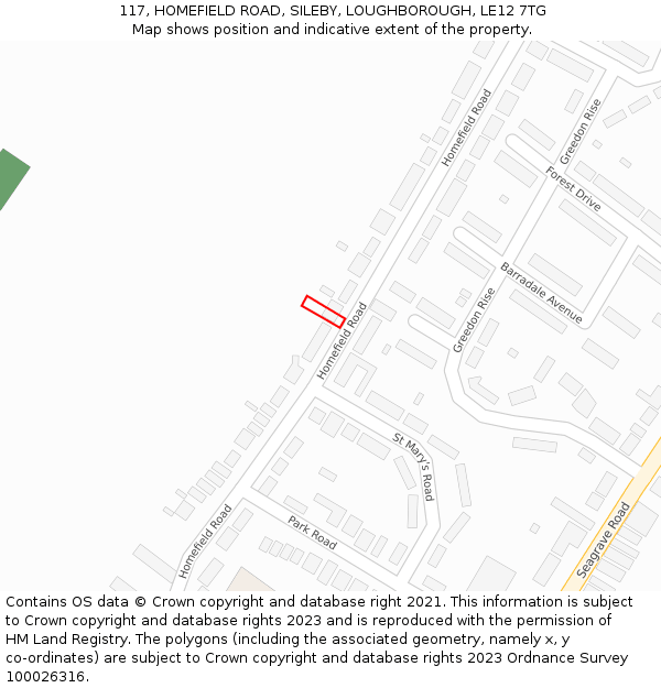 117, HOMEFIELD ROAD, SILEBY, LOUGHBOROUGH, LE12 7TG: Location map and indicative extent of plot