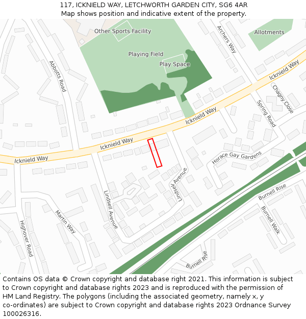 117, ICKNIELD WAY, LETCHWORTH GARDEN CITY, SG6 4AR: Location map and indicative extent of plot