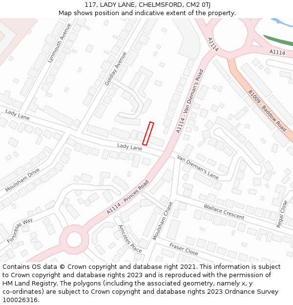 117, LADY LANE, CHELMSFORD, CM2 0TJ: Location map and indicative extent of plot