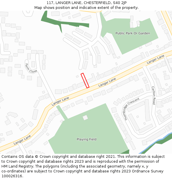 117, LANGER LANE, CHESTERFIELD, S40 2JP: Location map and indicative extent of plot