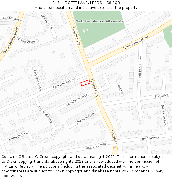 117, LIDGETT LANE, LEEDS, LS8 1QR: Location map and indicative extent of plot