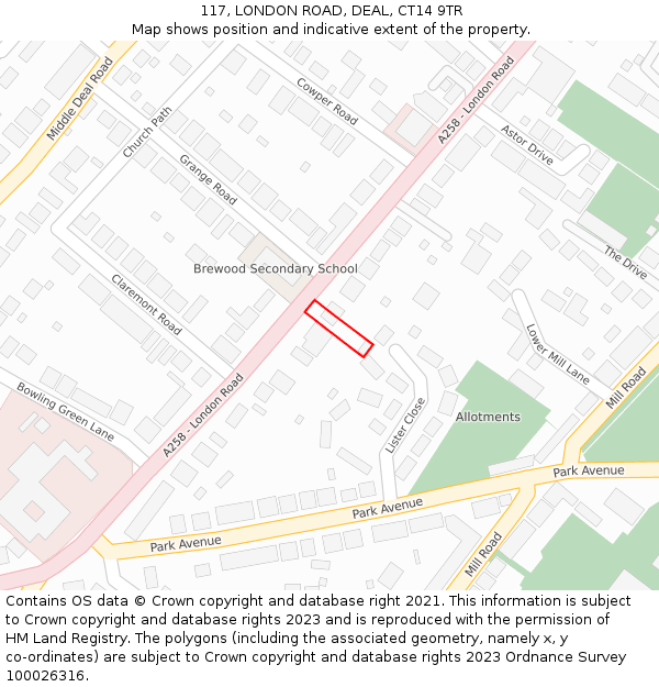 117, LONDON ROAD, DEAL, CT14 9TR: Location map and indicative extent of plot