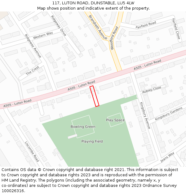 117, LUTON ROAD, DUNSTABLE, LU5 4LW: Location map and indicative extent of plot