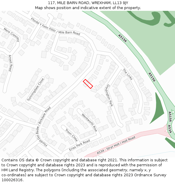 117, MILE BARN ROAD, WREXHAM, LL13 9JY: Location map and indicative extent of plot