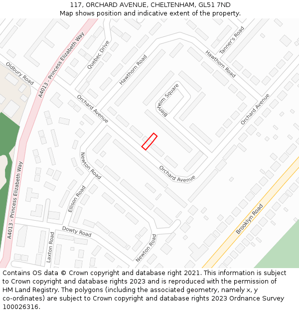 117, ORCHARD AVENUE, CHELTENHAM, GL51 7ND: Location map and indicative extent of plot