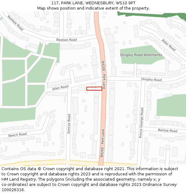 117, PARK LANE, WEDNESBURY, WS10 9PT: Location map and indicative extent of plot