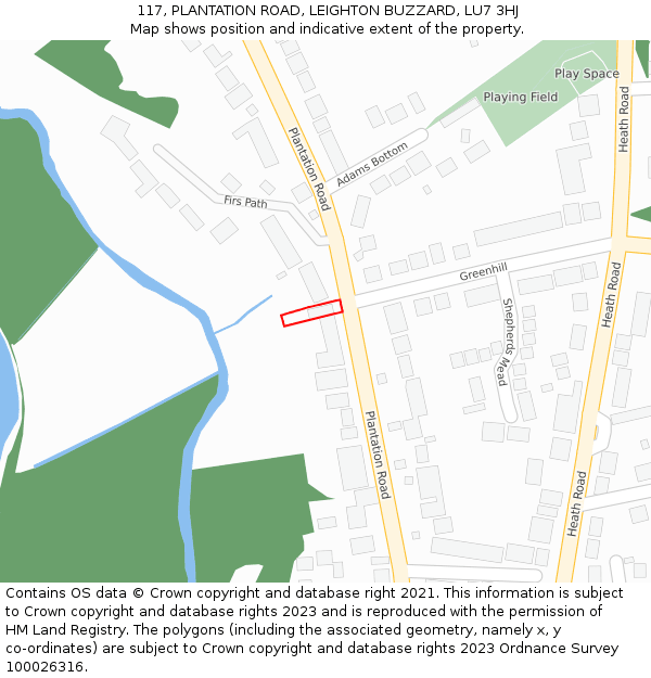 117, PLANTATION ROAD, LEIGHTON BUZZARD, LU7 3HJ: Location map and indicative extent of plot