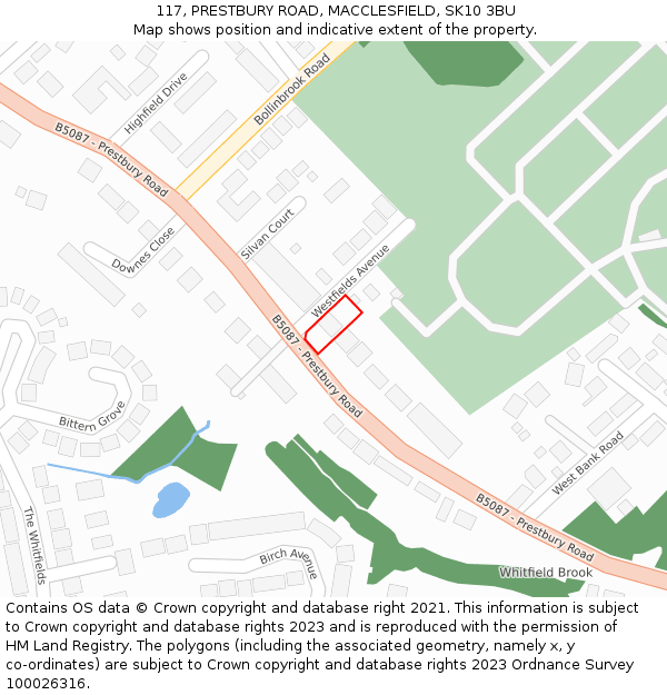 117, PRESTBURY ROAD, MACCLESFIELD, SK10 3BU: Location map and indicative extent of plot