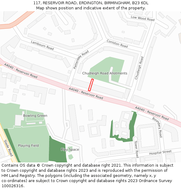 117, RESERVOIR ROAD, ERDINGTON, BIRMINGHAM, B23 6DL: Location map and indicative extent of plot