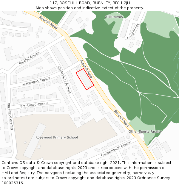 117, ROSEHILL ROAD, BURNLEY, BB11 2JH: Location map and indicative extent of plot