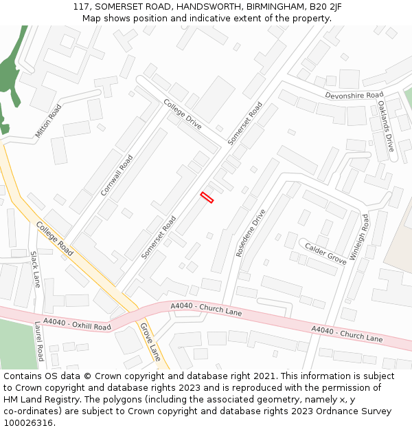 117, SOMERSET ROAD, HANDSWORTH, BIRMINGHAM, B20 2JF: Location map and indicative extent of plot