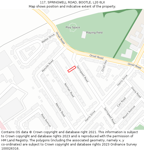 117, SPRINGWELL ROAD, BOOTLE, L20 6LX: Location map and indicative extent of plot