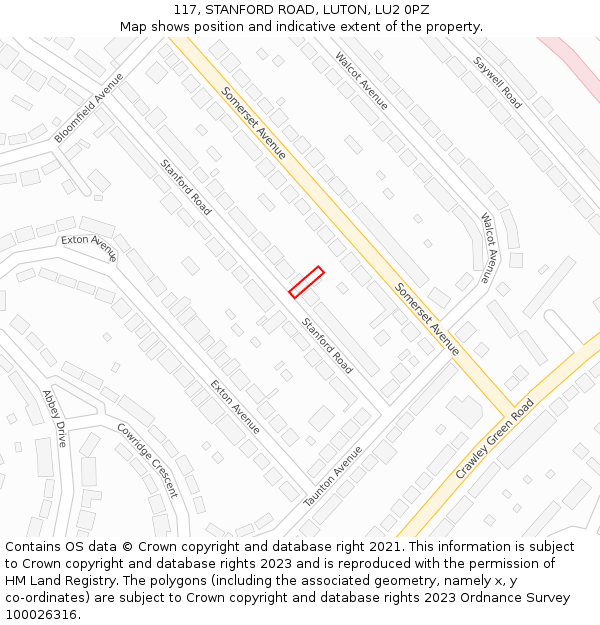 117, STANFORD ROAD, LUTON, LU2 0PZ: Location map and indicative extent of plot