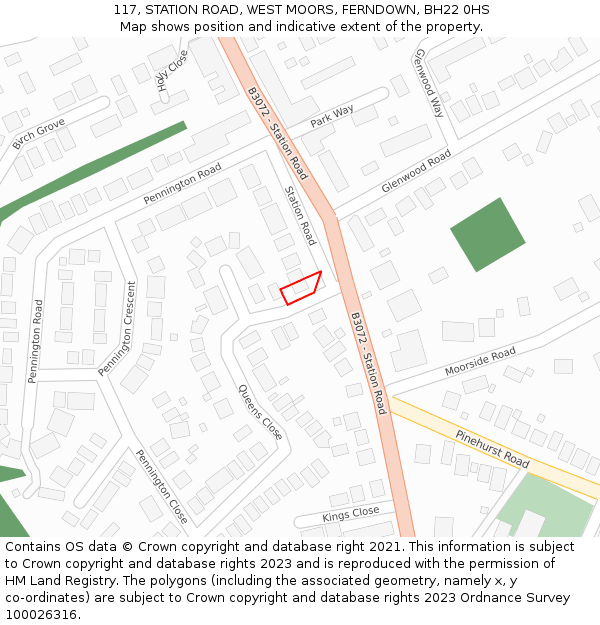 117, STATION ROAD, WEST MOORS, FERNDOWN, BH22 0HS: Location map and indicative extent of plot