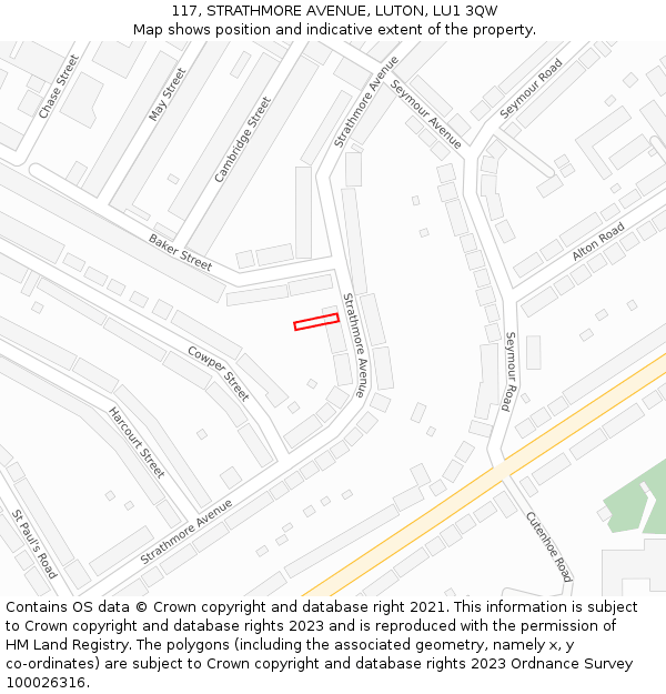 117, STRATHMORE AVENUE, LUTON, LU1 3QW: Location map and indicative extent of plot