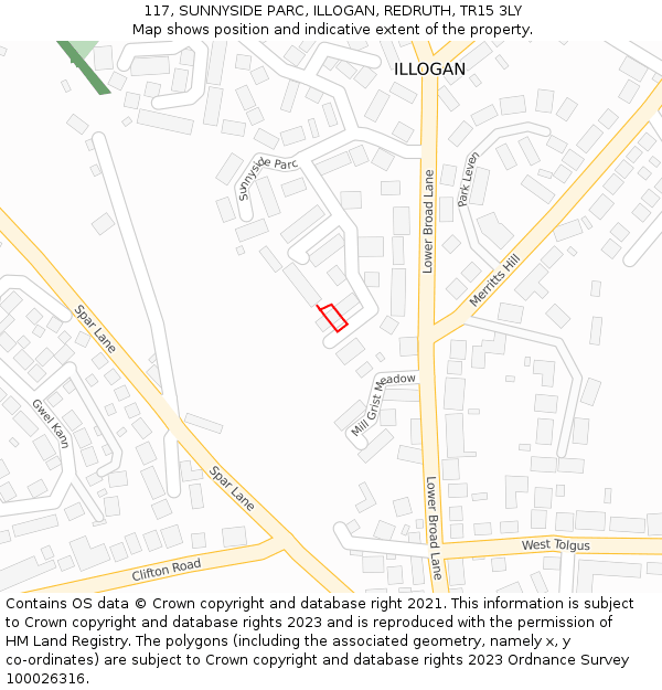 117, SUNNYSIDE PARC, ILLOGAN, REDRUTH, TR15 3LY: Location map and indicative extent of plot