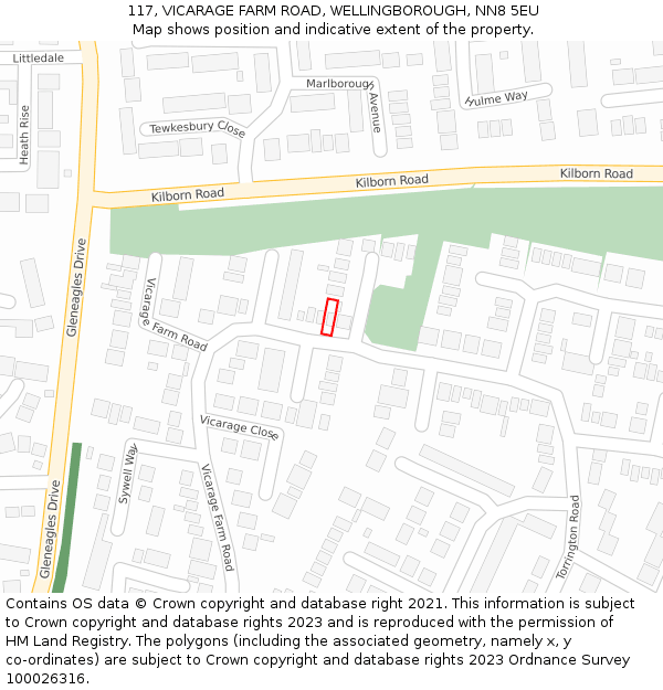 117, VICARAGE FARM ROAD, WELLINGBOROUGH, NN8 5EU: Location map and indicative extent of plot
