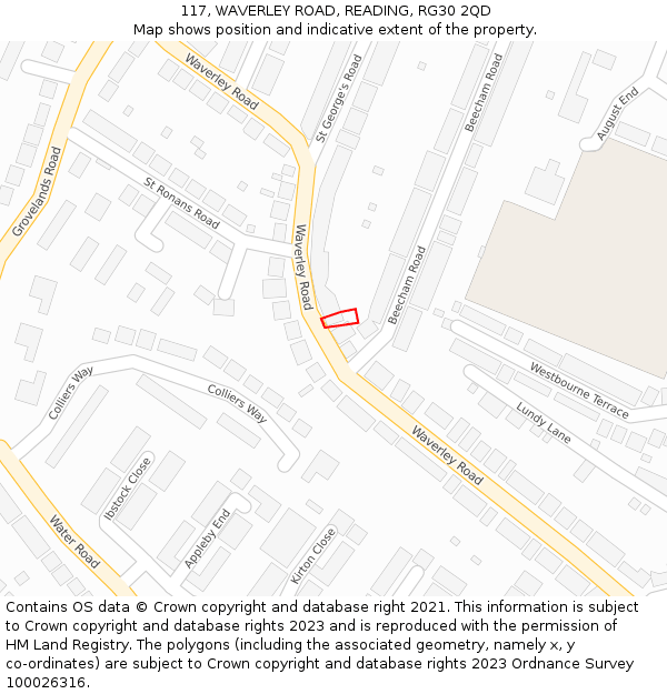 117, WAVERLEY ROAD, READING, RG30 2QD: Location map and indicative extent of plot