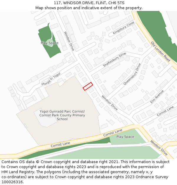 117, WINDSOR DRIVE, FLINT, CH6 5TS: Location map and indicative extent of plot