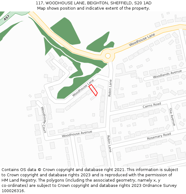 117, WOODHOUSE LANE, BEIGHTON, SHEFFIELD, S20 1AD: Location map and indicative extent of plot