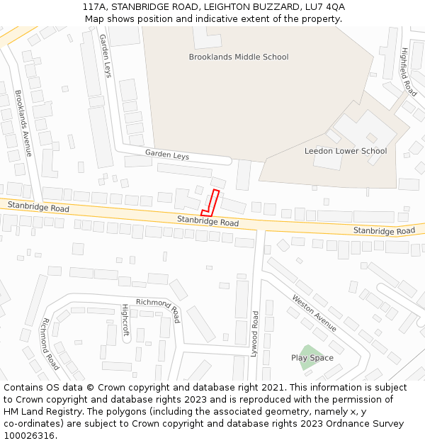 117A, STANBRIDGE ROAD, LEIGHTON BUZZARD, LU7 4QA: Location map and indicative extent of plot