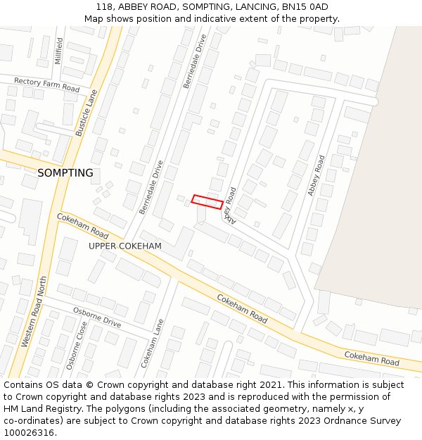 118, ABBEY ROAD, SOMPTING, LANCING, BN15 0AD: Location map and indicative extent of plot