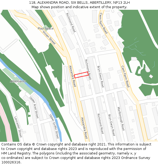 118, ALEXANDRA ROAD, SIX BELLS, ABERTILLERY, NP13 2LH: Location map and indicative extent of plot