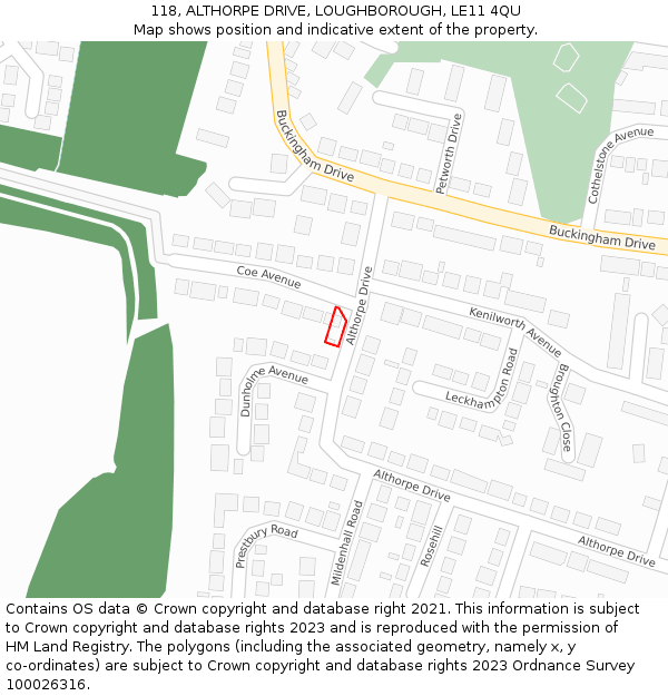 118, ALTHORPE DRIVE, LOUGHBOROUGH, LE11 4QU: Location map and indicative extent of plot