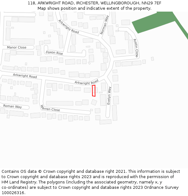 118, ARKWRIGHT ROAD, IRCHESTER, WELLINGBOROUGH, NN29 7EF: Location map and indicative extent of plot