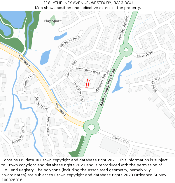 118, ATHELNEY AVENUE, WESTBURY, BA13 3GU: Location map and indicative extent of plot