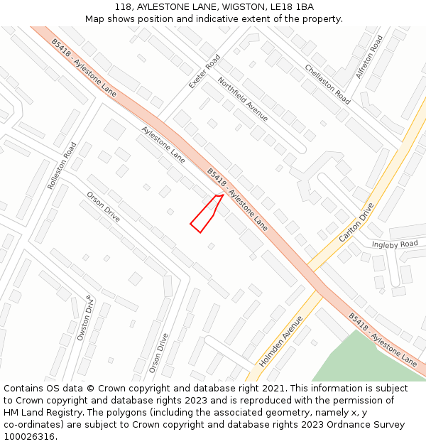 118, AYLESTONE LANE, WIGSTON, LE18 1BA: Location map and indicative extent of plot