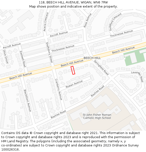 118, BEECH HILL AVENUE, WIGAN, WN6 7RW: Location map and indicative extent of plot