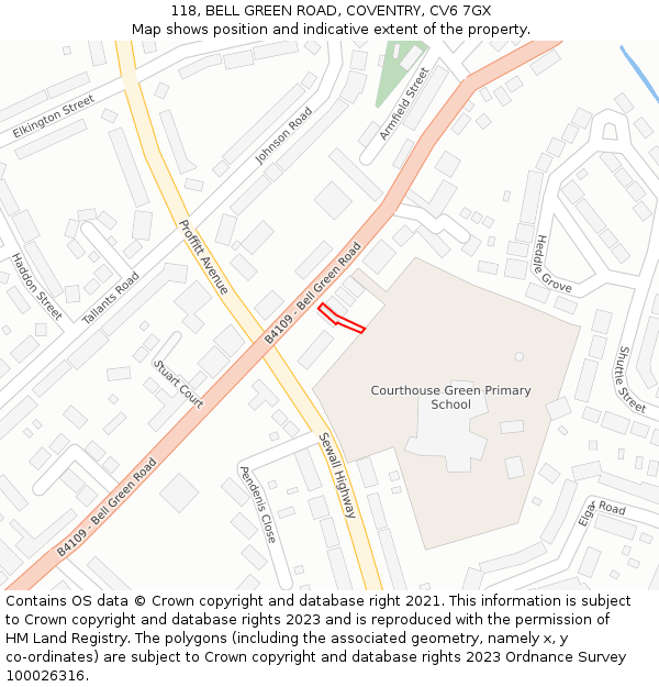 118, BELL GREEN ROAD, COVENTRY, CV6 7GX: Location map and indicative extent of plot