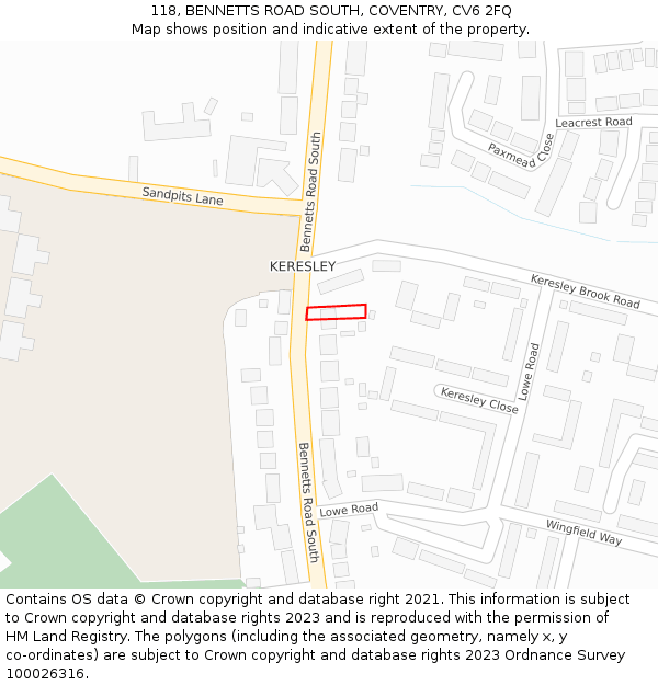 118, BENNETTS ROAD SOUTH, COVENTRY, CV6 2FQ: Location map and indicative extent of plot