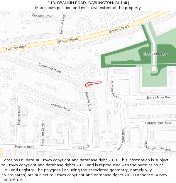 118, BRANKIN ROAD, DARLINGTON, DL1 4LJ: Location map and indicative extent of plot