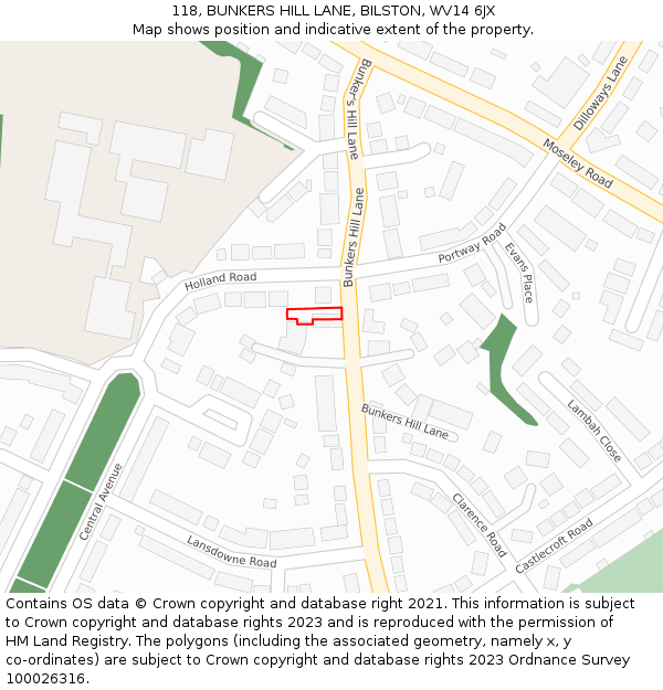 118, BUNKERS HILL LANE, BILSTON, WV14 6JX: Location map and indicative extent of plot