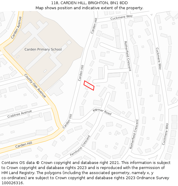 118, CARDEN HILL, BRIGHTON, BN1 8DD: Location map and indicative extent of plot