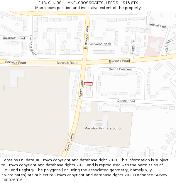 118, CHURCH LANE, CROSSGATES, LEEDS, LS15 8TX: Location map and indicative extent of plot