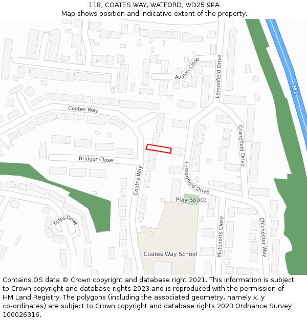 118, COATES WAY, WATFORD, WD25 9PA: Location map and indicative extent of plot