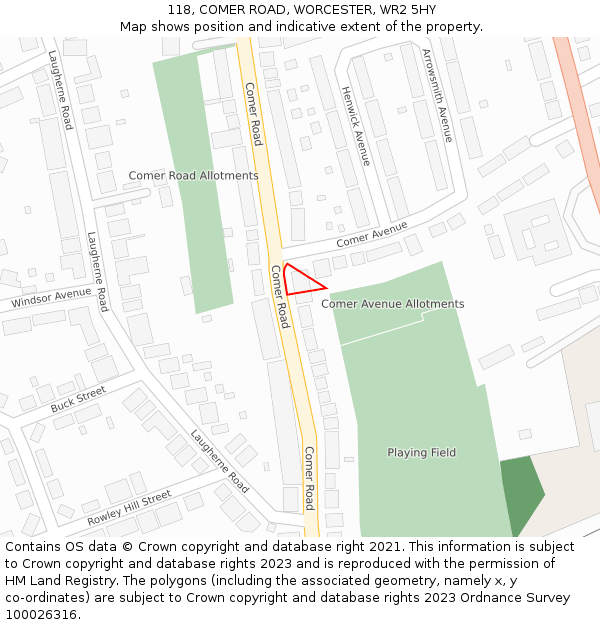 118, COMER ROAD, WORCESTER, WR2 5HY: Location map and indicative extent of plot