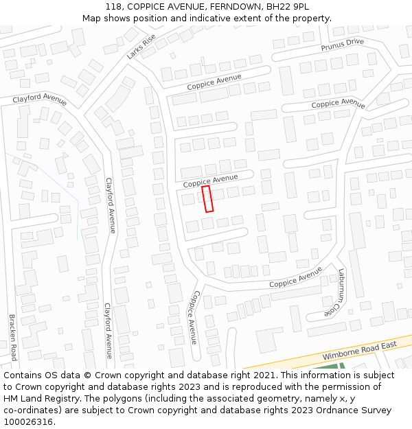 118, COPPICE AVENUE, FERNDOWN, BH22 9PL: Location map and indicative extent of plot