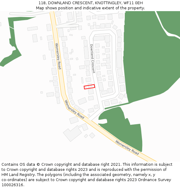 118, DOWNLAND CRESCENT, KNOTTINGLEY, WF11 0EH: Location map and indicative extent of plot