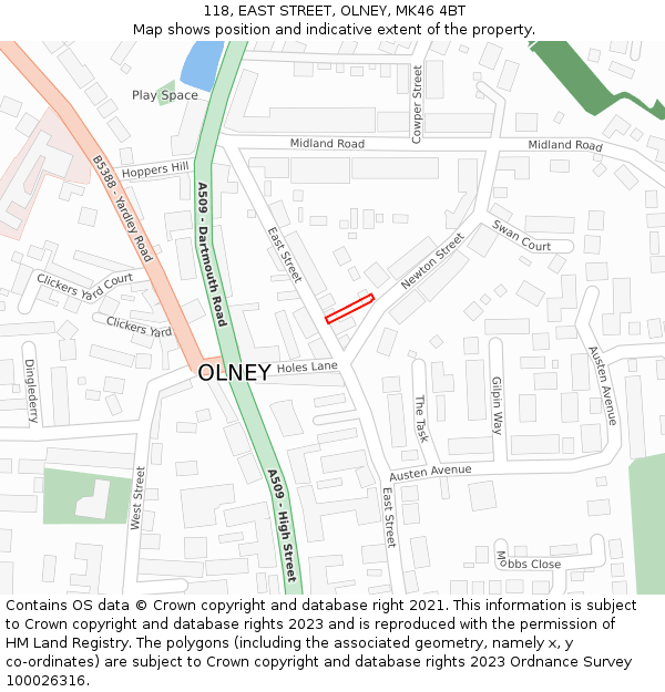 118, EAST STREET, OLNEY, MK46 4BT: Location map and indicative extent of plot