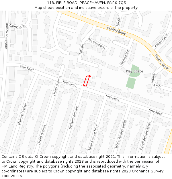 118, FIRLE ROAD, PEACEHAVEN, BN10 7QS: Location map and indicative extent of plot