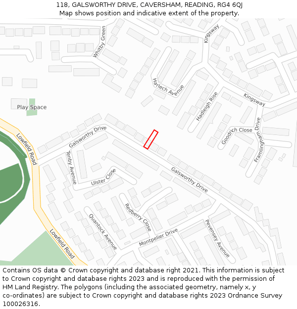 118, GALSWORTHY DRIVE, CAVERSHAM, READING, RG4 6QJ: Location map and indicative extent of plot