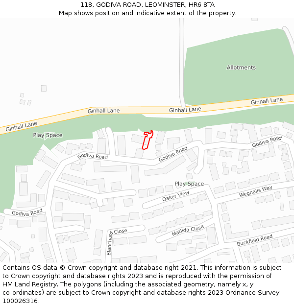 118, GODIVA ROAD, LEOMINSTER, HR6 8TA: Location map and indicative extent of plot