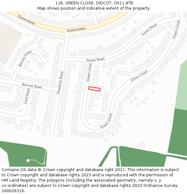 118, GREEN CLOSE, DIDCOT, OX11 8TB: Location map and indicative extent of plot